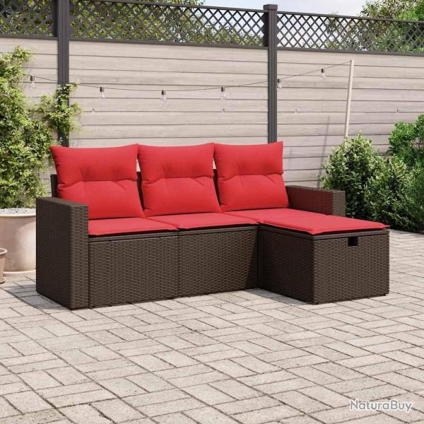 Ensemble de canap� de jardin 4 pcs avec coussins marron r�sine tress�e