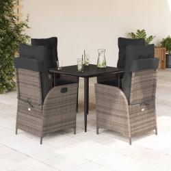Ensemble &agrave; manger de jardin 5 pcs coussins gris r&eacute;sine tress&eacute;e