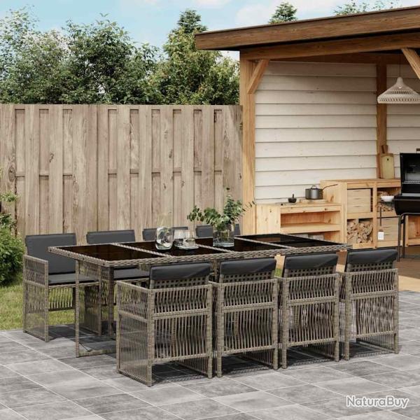 Ensemble � manger de jardin 9 pcs coussins gris r�sine tress�e