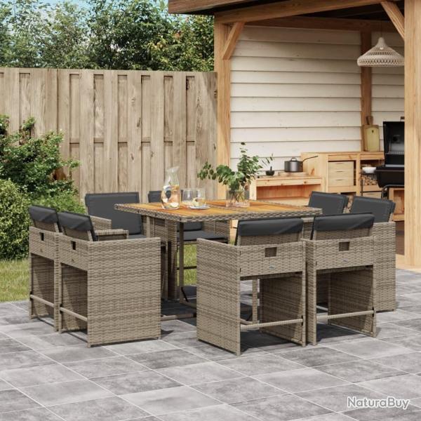 Ensemble � manger de jardin 9 pcs coussins gris r�sine tress�e