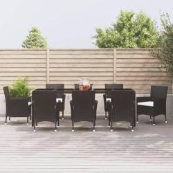 Ensemble &agrave; manger jardin 9pcs et coussins noir r&eacute;sine tress&eacute;e