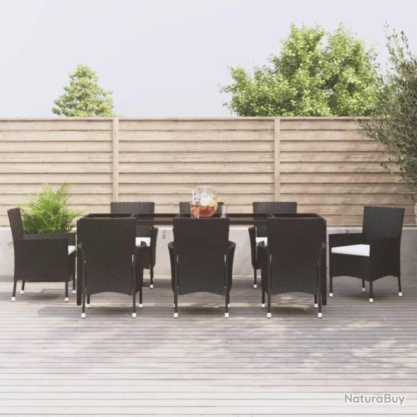 Ensemble � manger jardin 9pcs et coussins noir r�sine tress�e