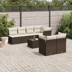 Salon de jardin 8 pcs avec coussins marron r&eacute;sine tress&eacute;e