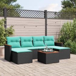 Ensemble de canap&eacute; de jardin 7 pcs avec coussins noir r&eacute;sine tress&eacute;e