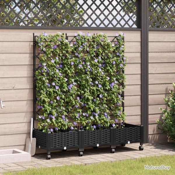 Bac de jardin avec treillis et roues 3 pc Noir PP
