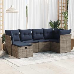 Salon de jardin 6 pcs avec coussins gris r&eacute;sine tress&eacute;e