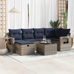 Salon de jardin avec coussins 7 pcs gris r&eacute;sine tress&eacute;e