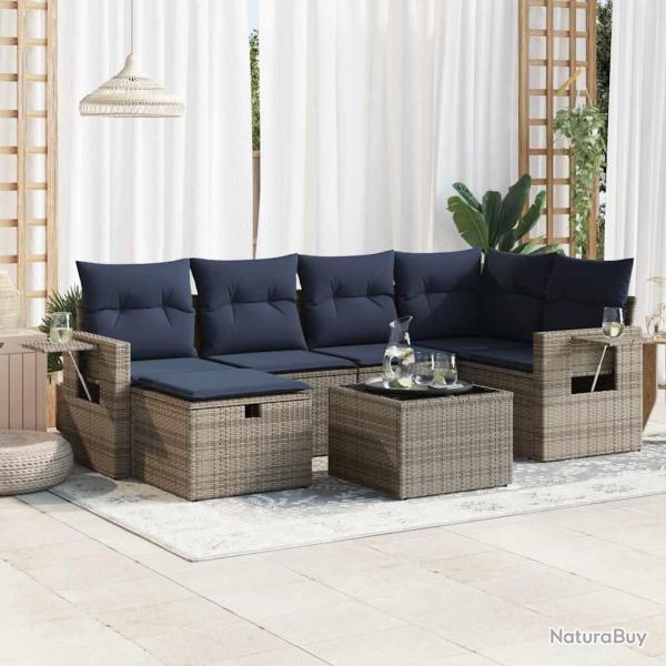 Salon de jardin avec coussins 7 pcs gris r�sine tress�e