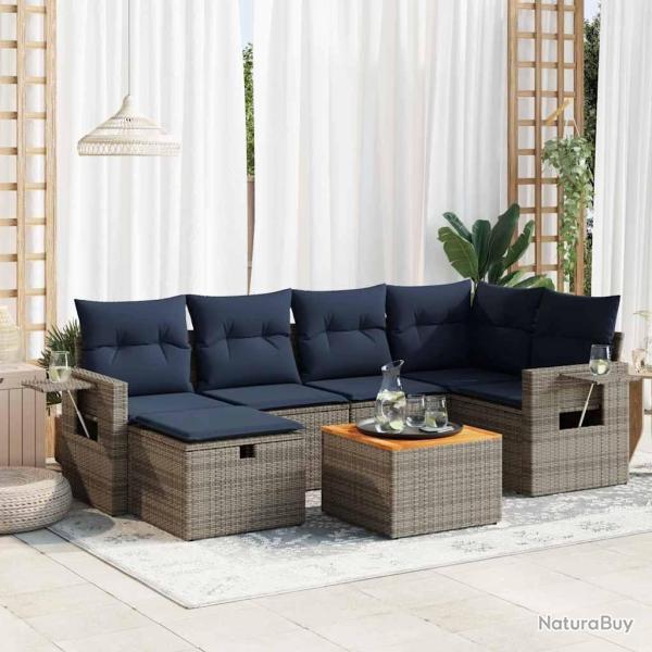Salon de jardin avec coussins 7 pcs gris r�sine tress�e