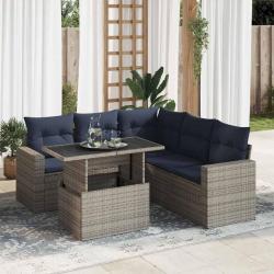 Salon de jardin avec coussins 6 pcs gris r&eacute;sine tress&eacute;e acacia
