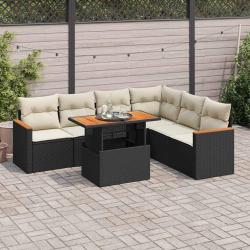 Salon de jardin avec coussins 7 pcs noir r&eacute;sine tress&eacute;e acacia