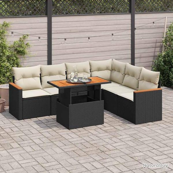 Salon de jardin avec coussins 7 pcs noir r�sine tress�e acacia