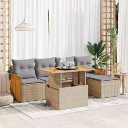 Salon de jardin 6 pcs avec coussins beige r&eacute;sine tress&eacute;e acacia