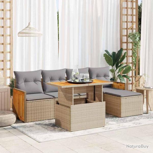 Salon de jardin 6 pcs avec coussins beige r�sine tress�e acacia