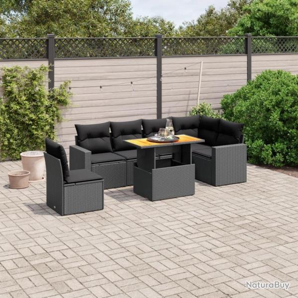 Salon de jardin 7 pcs avec coussins noir r�sine tress�e