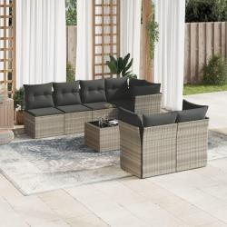 Salon de jardin 8 pcs avec coussins gris clair r&eacute;sine tress&eacute;e
