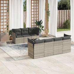 Salon de jardin 8 pcs avec coussins gris clair r&eacute;sine tress&eacute;e