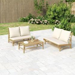 Salon de jardin 3 pcs avec coussins blanc cr&egrave;me bambou