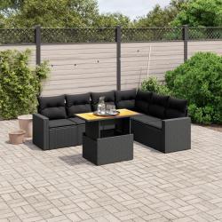 Salon de jardin 7 pcs avec coussins noir r&eacute;sine tress&eacute;e