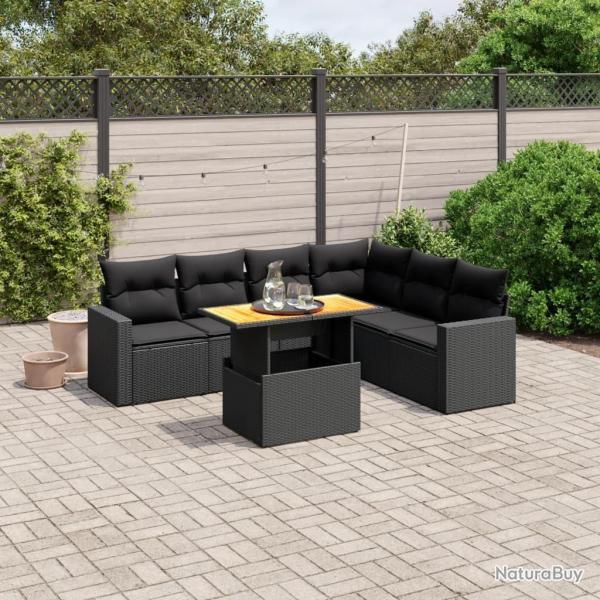 Salon de jardin 7 pcs avec coussins noir r�sine tress�e