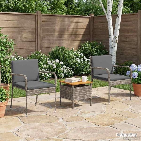 Ensemble bistro de jardin avec coussin 3 pcs Gris polyrotin