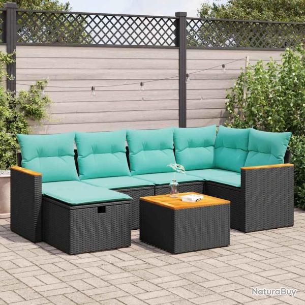 Salon de jardin 7 pcs avec coussins noir r�sine tress�e