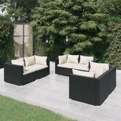 Salon de jardin 6 pcs avec coussins R&eacute;sine tress&eacute;e Noir