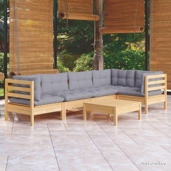 Salon de jardin 6 pcs avec coussins gris bois de pin