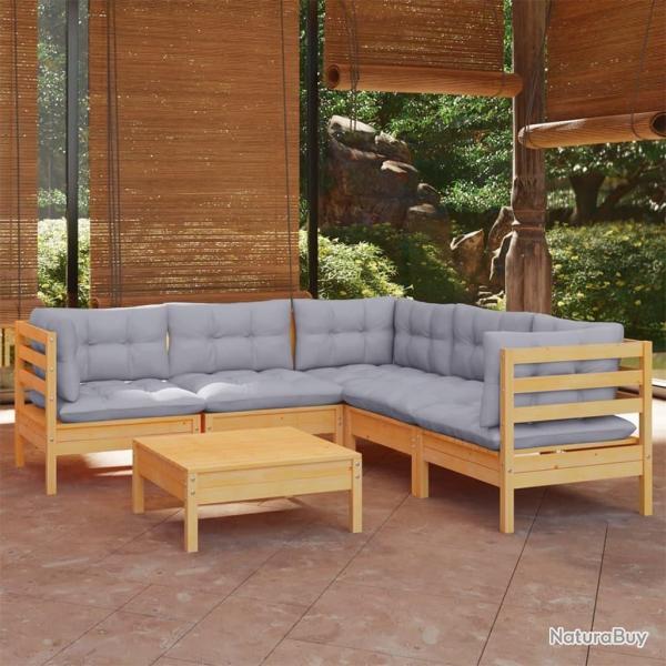 Salon de jardin 6 pcs avec coussins gris Bois de pin massif