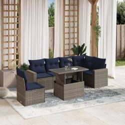 Ensemble de canap&eacute; de jardin 7 pcs avec coussins gris r&eacute;sine tress&eacute;e