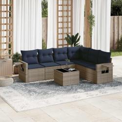 Ensemble de canap&eacute; de jardin 7 pcs avec coussins gris r&eacute;sine tress&eacute;e