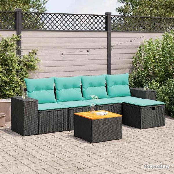 Salon de jardin 6 pcs avec coussins noir r�sine tress�e