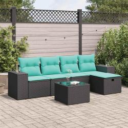 Salon de jardin 6 pcs avec coussins noir r&eacute;sine tress&eacute;e