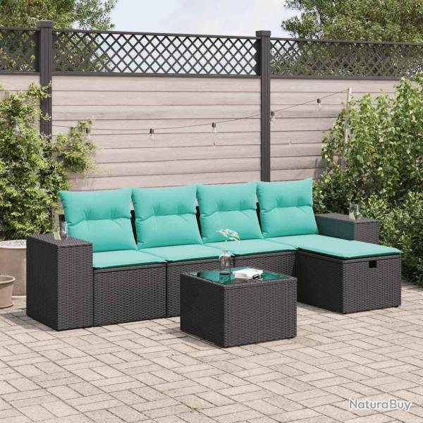 Salon de jardin 6 pcs avec coussins noir r�sine tress�e