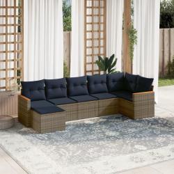Ensemble de canap&eacute; de jardin 7 pcs avec coussins gris r&eacute;sine tress&eacute;e
