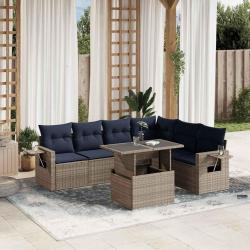 Ensemble de canap&eacute; de jardin 7 pcs avec coussins gris r&eacute;sine tress&eacute;e