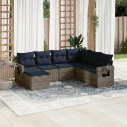Ensemble de canap&eacute; de jardin 7 pcs avec coussins gris r&eacute;sine tress&eacute;e