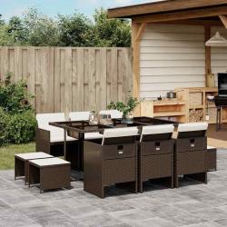 Ensemble &agrave; manger de jardin et coussins 11 pcs marron rotin