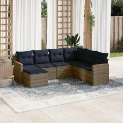 Ensemble de canap&eacute; de jardin 7 pcs avec coussins gris r&eacute;sine tress&eacute;e