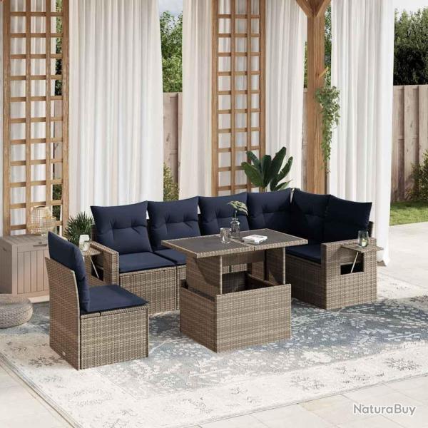 Ensemble de canap� de jardin 7 pcs avec coussins gris r�sine tress�e