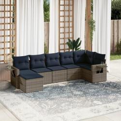 Ensemble de canap&eacute; de jardin 7 pcs avec coussins gris r&eacute;sine tress&eacute;e