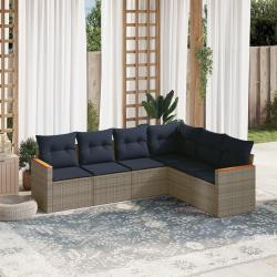 Ensemble de canap&eacute; de jardin 6 pcs avec coussins gris r&eacute;sine tress&eacute;e