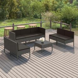Salon de jardin 8 pcs avec coussins r&eacute;sine tress&eacute;e gris