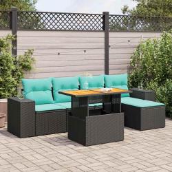 Salon de jardin 6 pcs avec coussins noir r&eacute;sine tress&eacute;e
