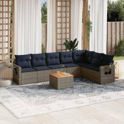 Ensemble de canap&eacute; de jardin 8 pcs avec coussins gris r&eacute;sine tress&eacute;e
