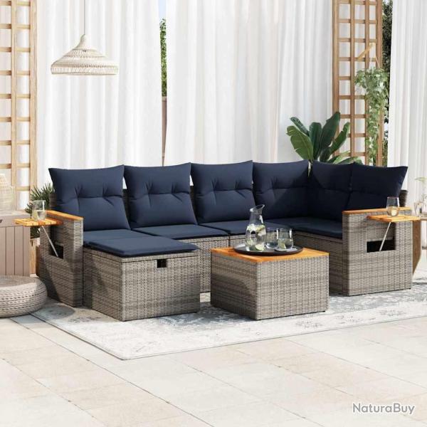 Salon de jardin avec coussins 7 pcs gris r�sine tress�e
