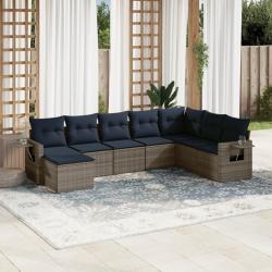 Ensemble de canap&eacute; de jardin 8 pcs avec coussins gris r&eacute;sine tress&eacute;e