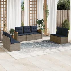 Ensemble de canap&eacute; de jardin 7 pcs avec coussins gris r&eacute;sine tress&eacute;e