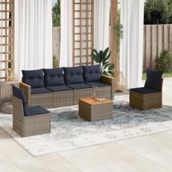 Ensemble de canap&eacute; de jardin 7 pcs avec coussins gris r&eacute;sine tress&eacute;e