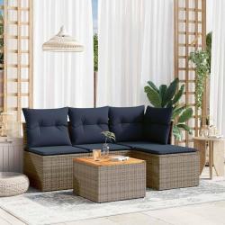 Ensemble de canap&eacute; de jardin 5 pcs avec coussins gris r&eacute;sine tress&eacute;e
